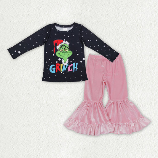 GLP3185 Green Frog Black Top Pink Velvet Bell Pants Girls Christmas Clothes Set