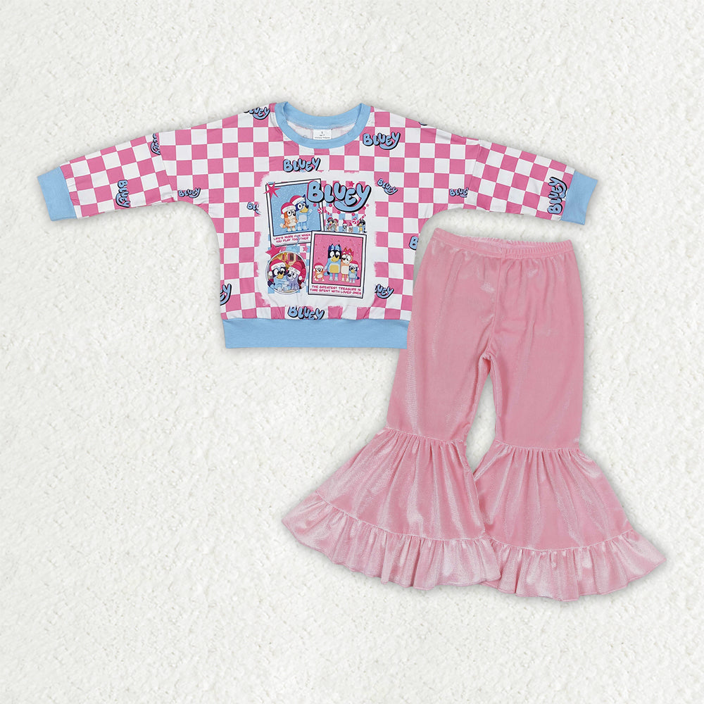 GLP3186 Cartoon Dog Plaid Top Pink Velvet Bell Pants Girls Christmas Clothes Set