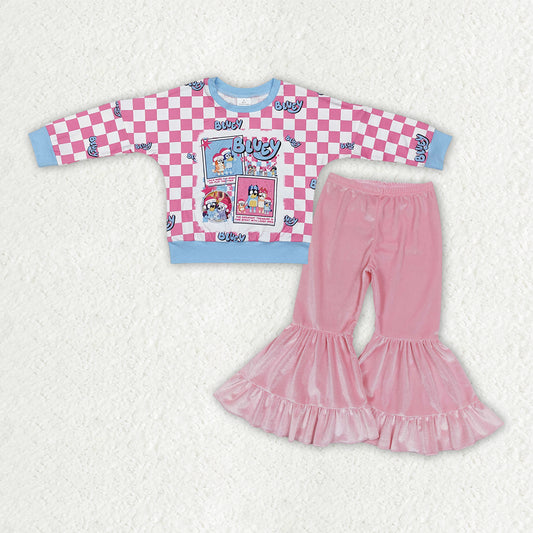 GLP3186 Cartoon Dog Plaid Top Pink Velvet Bell Pants Girls Christmas Clothes Set