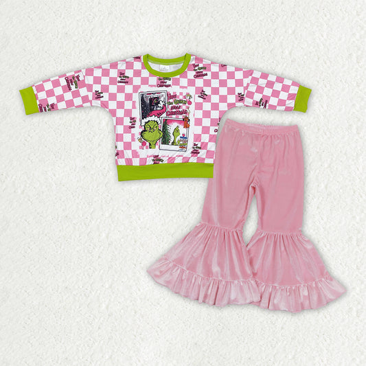 GLP3187 Green Frog Plaid Top Pink Velvet Bell Pants Girls Christmas Clothes Set