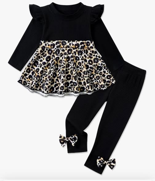 (Pre-order)GLP3195 Leopard Tunic Top Black Legging Pants Girls Clothes Set