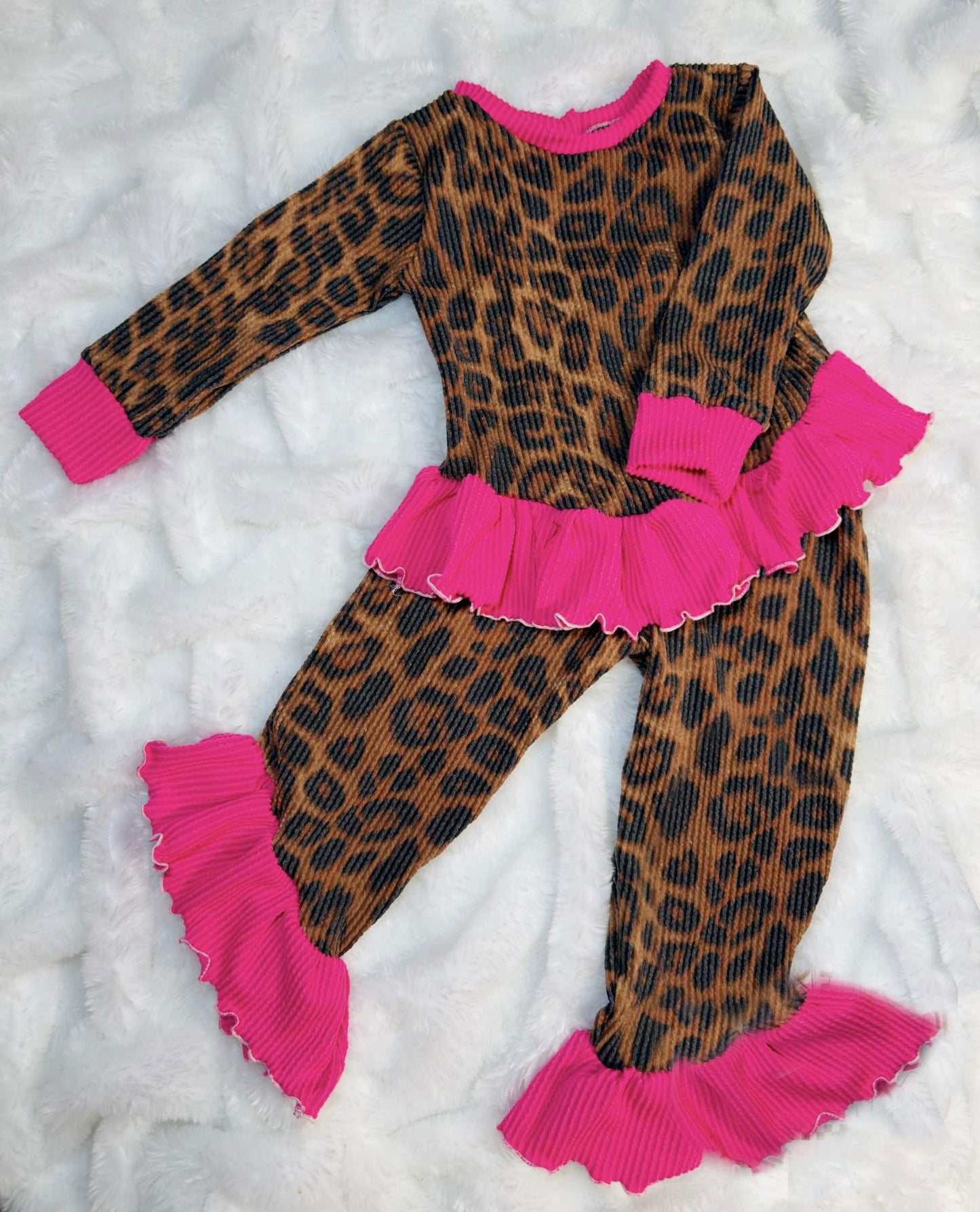 (Pre-order)GLP3196 Brown Leopard Top Ruffle Pants Girls Clothes Set