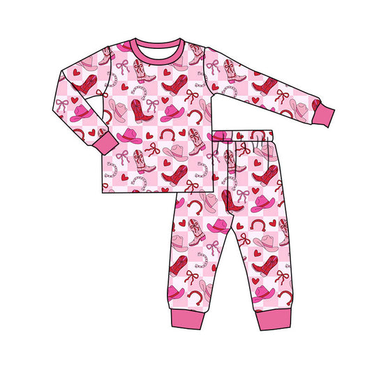 (Pre-order)GLP3198 Boots Hat Heart Bows Plaid Print Girls Valentine's Day Pajamas Clothes Set