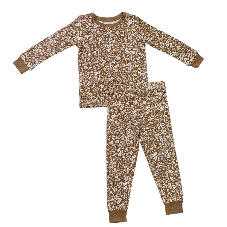 (Pre-order)GLP3202 Brown Small Flowers Print Girls Fall Pajamas Clothes Set