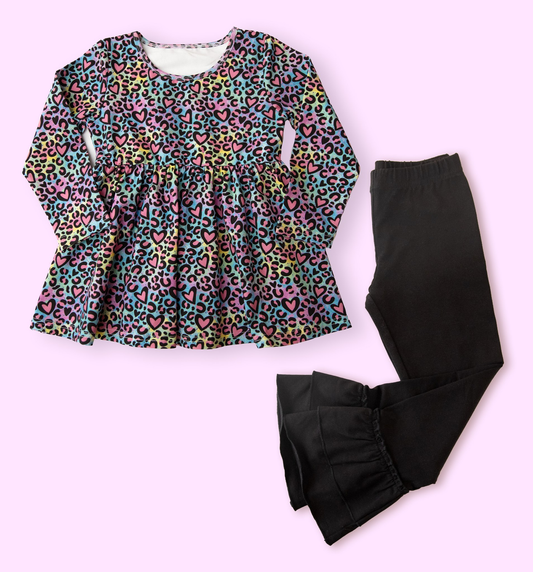 (Pre-order)GLP3205 Heart Leopard Tunic Top Black Pants Girls Valentine's Day Clothes Set