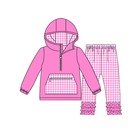 (Pre-order)GLP3209 Pink Color Zipper Hoodie Top Plaid Pants Girls Clothes Set