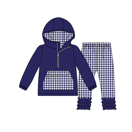 (Pre-order)GLP3212 Navy Color Zipper Hoodie Top Plaid Pants Girls Clothes Set