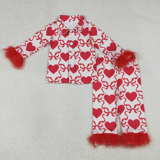 GLP3221 Heart Red Bows Print Girls Valentine's Day Buttons Fur Pajamas Clothes Set