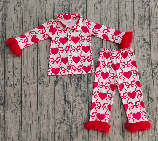 (Pre-order)GLP3221 Heart Red Bows Print Girls Valentine's Day Buttons Fur Pajamas Clothes Set
