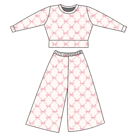 (Pre-order)GLP3226 Pink Bows Print Girls Clothes Set
