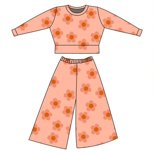 (Pre-order)GLP3227 Orange Flowers Print Girls Clothes Set