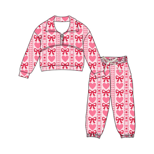 (Pre-order)GLP3236 Heart Bows Zipper Top Joggers Pants Girls Valentine's Day Clothes Set
