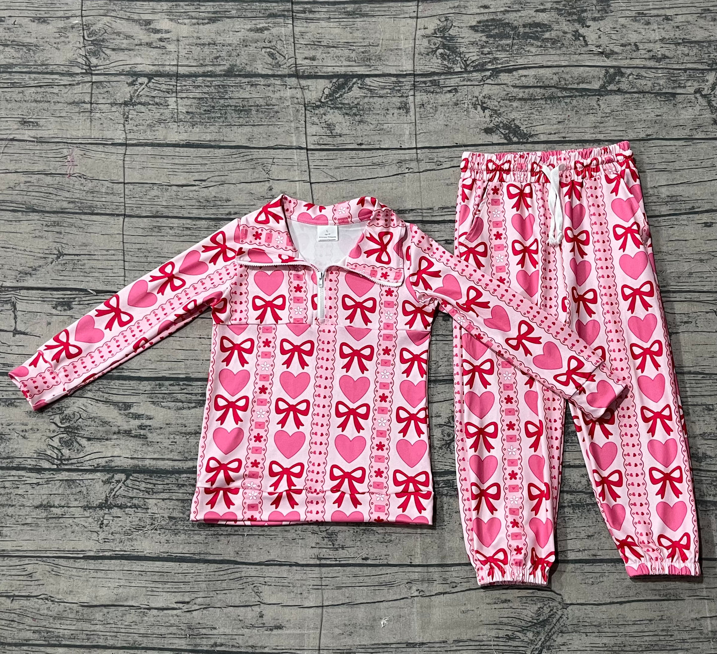 (Pre-order)GLP3236 Heart Bows Zipper Top Joggers Pants Girls Valentine's Day Clothes Set