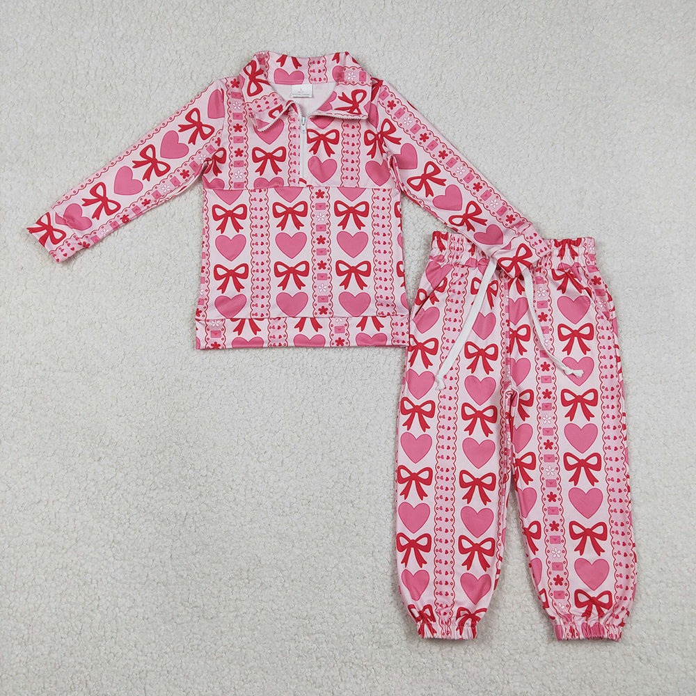 GLP3236 Hearts Bows Zipper Top Joggers Pants Girls Valentine's Day Clothes Set