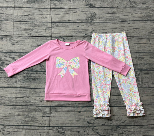 (Pre-order)GLP3242  Bow Pink Top Colorful Flowers Pants Girls Clothes Set