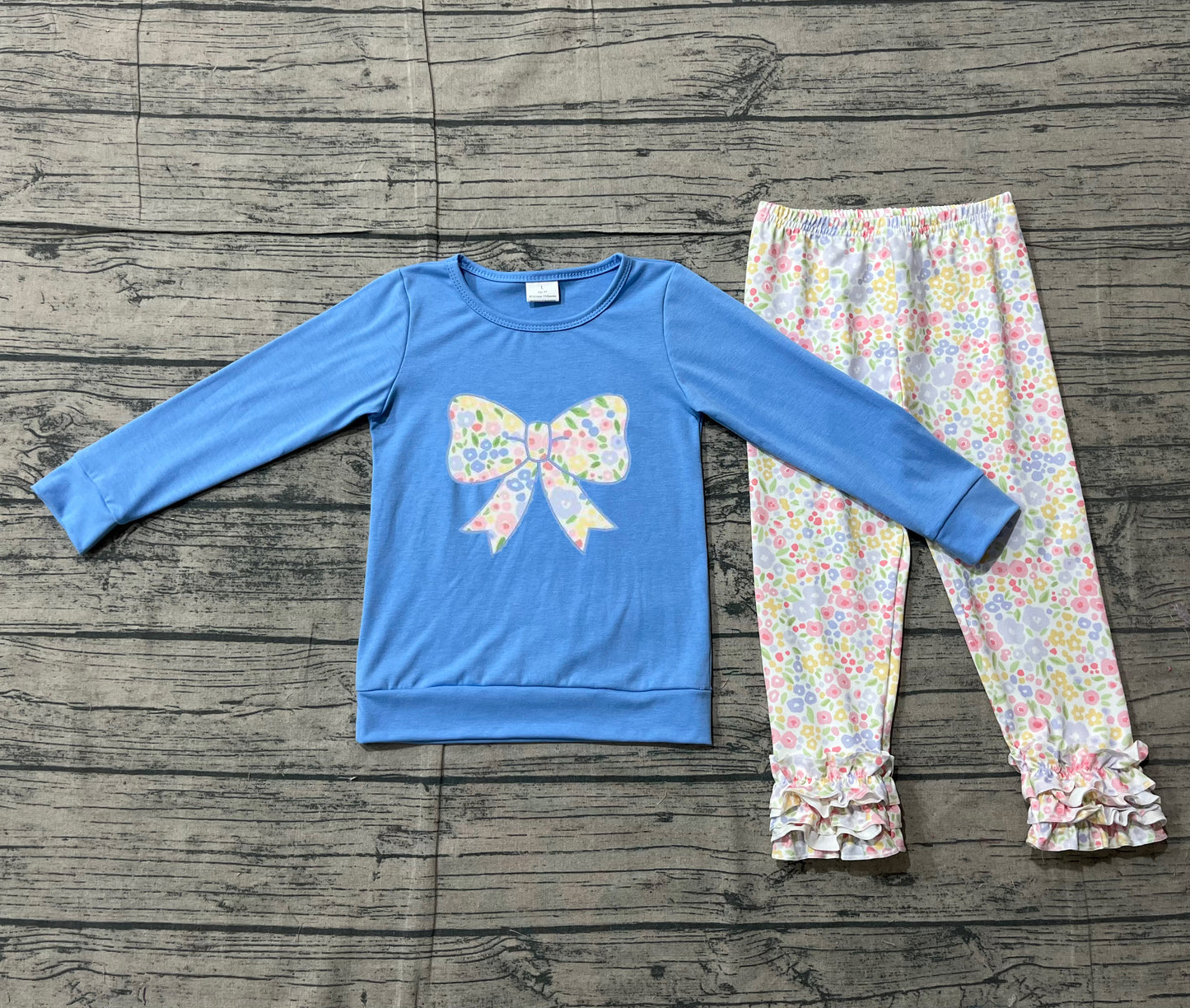 (Pre-order)GLP3243  Bow Blue Top Colorful Flowers Pants Girls Clothes Set
