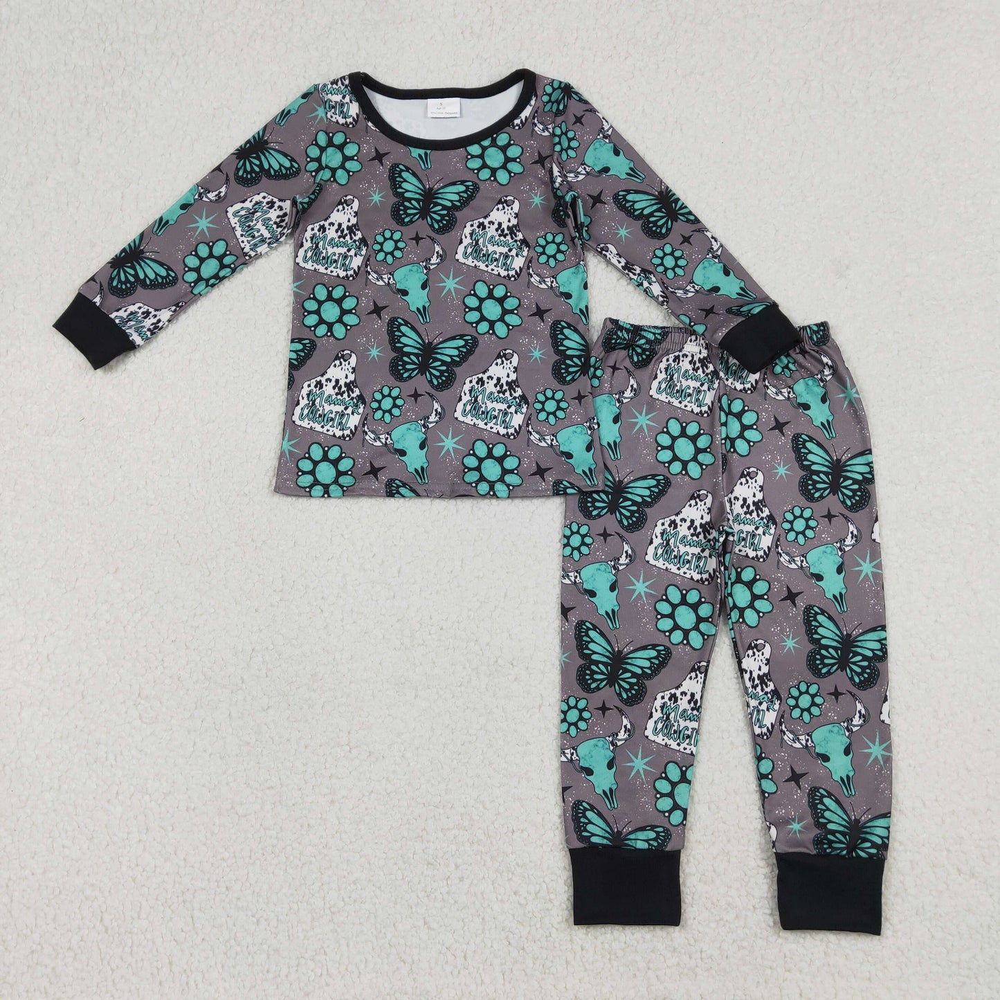 GLP3254 MAMA'S COWGIRL Tags Butterfly Turquoise Print Girls Western Pajamas Clothes Set