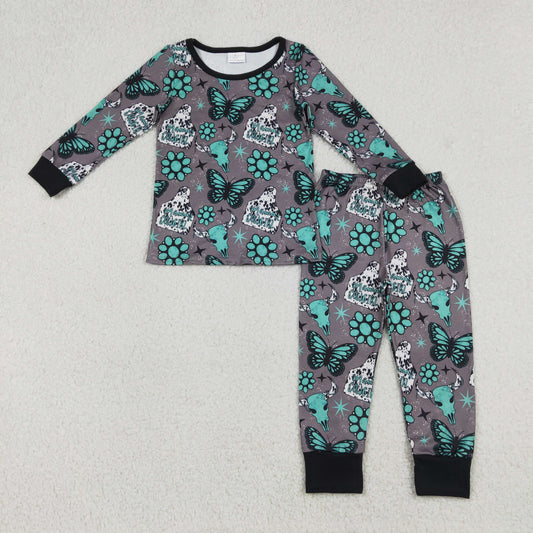 GLP3254 MAMA'S COWGIRL Tags Butterfly Turquoise Print Girls Western Pajamas Clothes Set