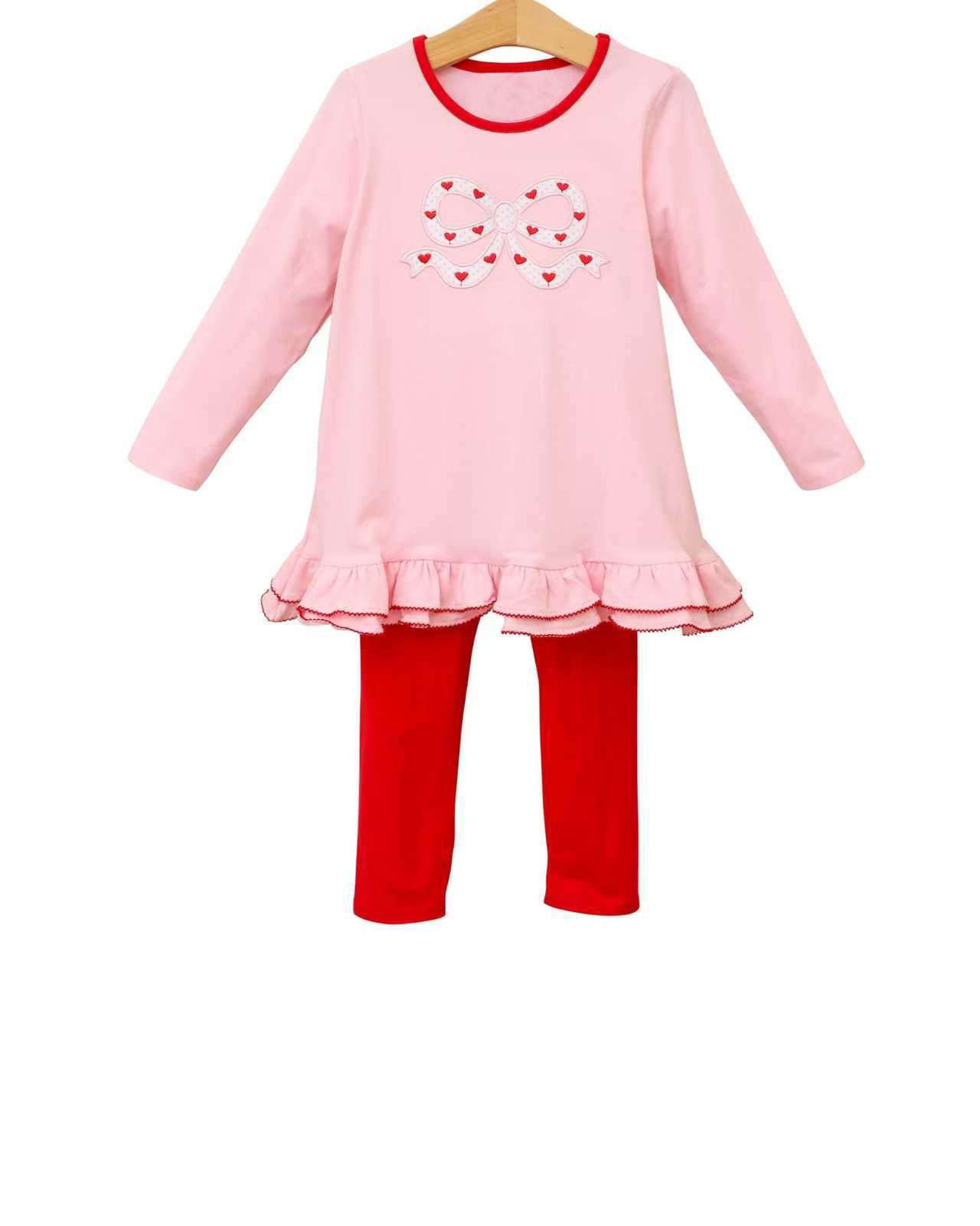 (Pre-order)GLP3259  Bows Hearts Pink Tunic Top Red Pants Girls Valentine's Day Clothes Set