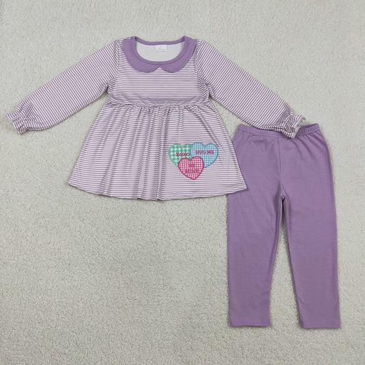 GLP3262  XOXO Hearts Embroidery Stripes Tunic Top Purple Pants Girls Valentine's Day Clothes Set