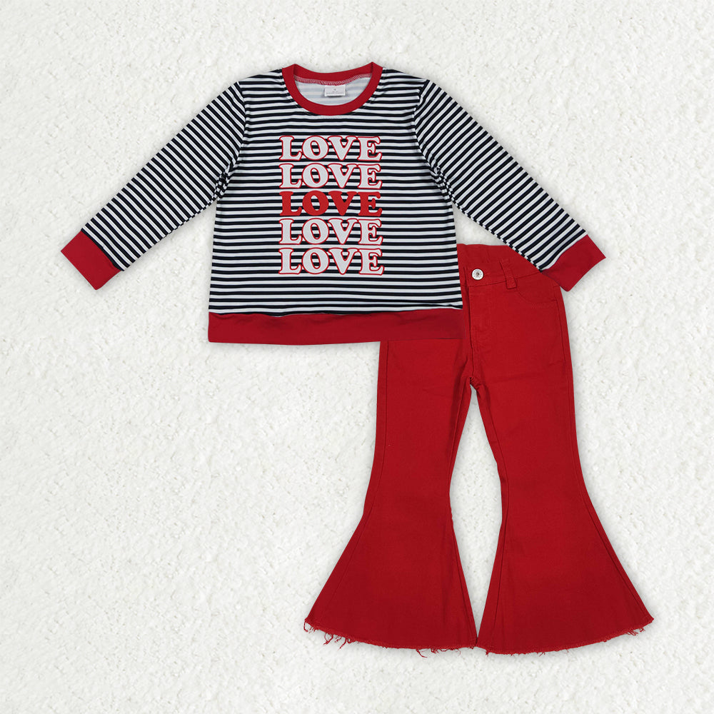 GLP3263 LOVE Stripes Top Red Denim Bell Jeans Girls Valentine's Clothes Set