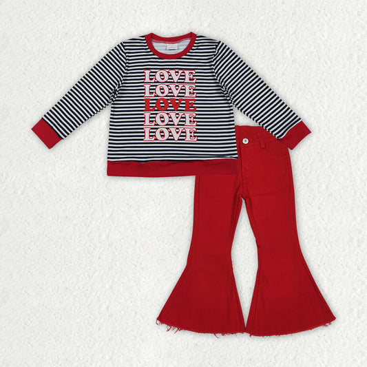 GLP3263 LOVE Stripes Top Red Denim Bell Jeans Girls Valentine's Clothes Set