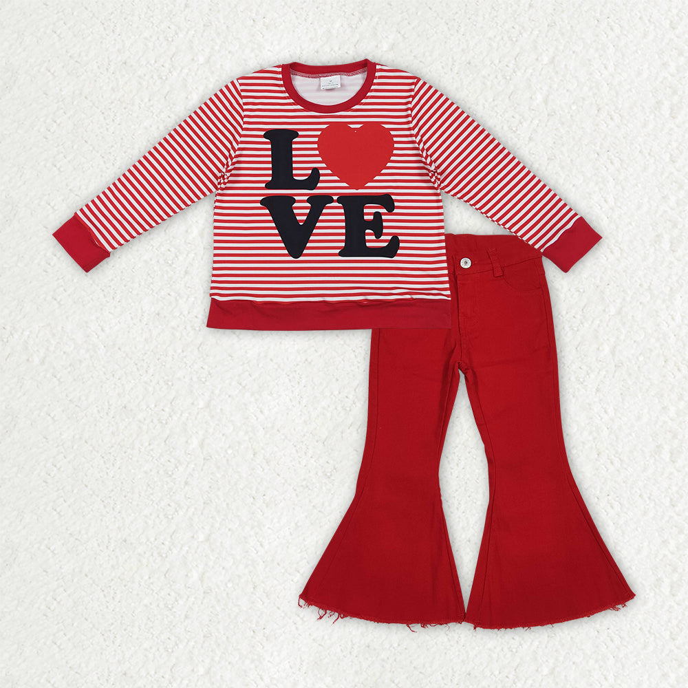 GLP3264 LOVE Stripes Top Red Denim Bell Jeans Girls Valentine's Clothes Set