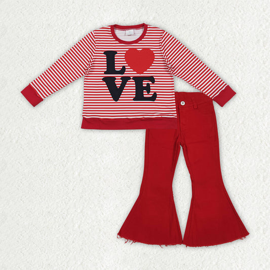 GLP3264 LOVE Stripes Top Red Denim Bell Jeans Girls Valentine's Clothes Set