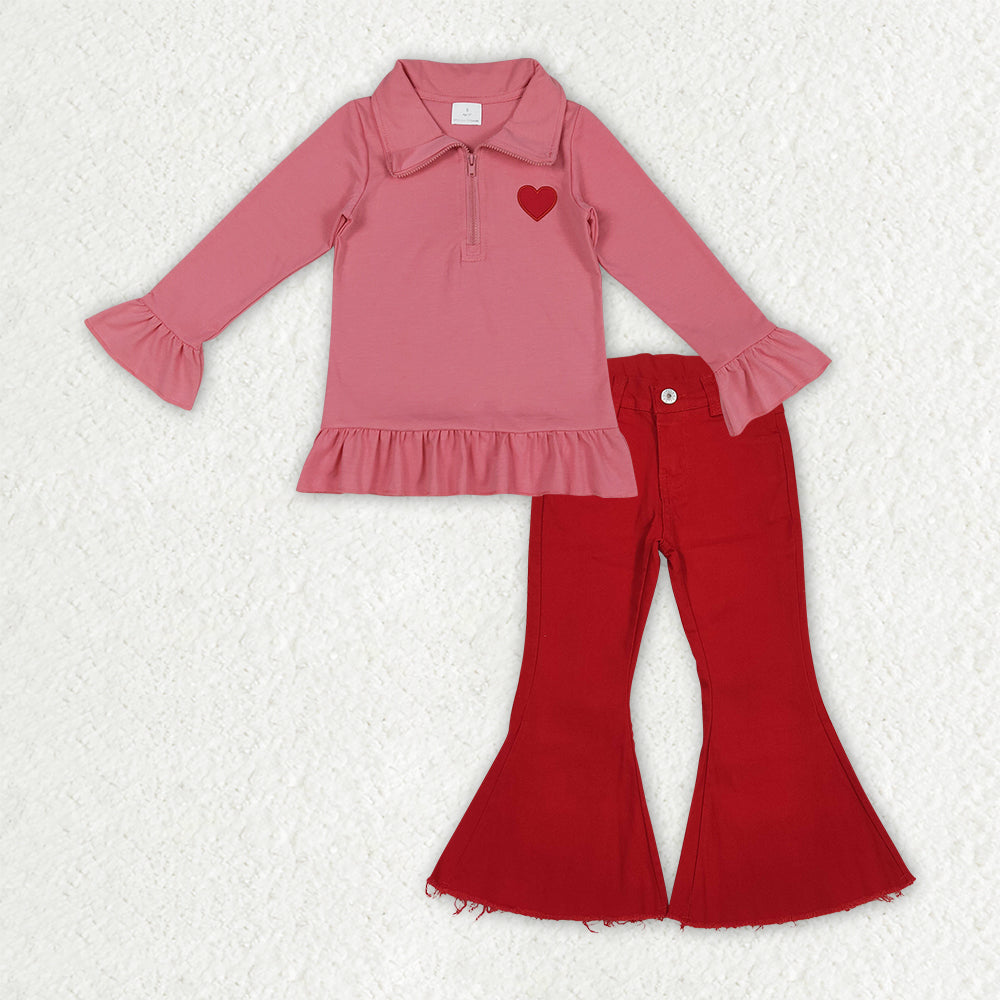 GLP3265 Heart Embroidery Zipper Top Red Denim Bell Jeans Girls Valentine's Clothes Set