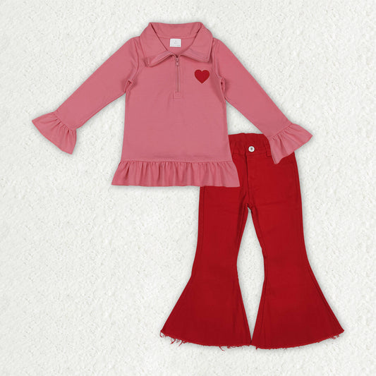 GLP3265 Heart Embroidery Zipper Top Red Denim Bell Jeans Girls Valentine's Clothes Set