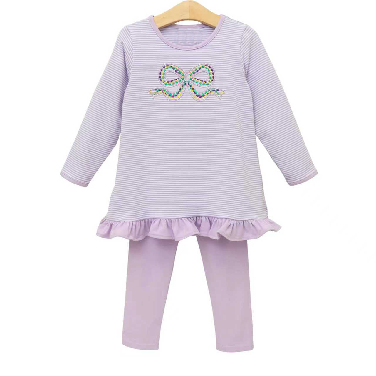 (Pre-order)GLP3267  Bow Purple Stripes Tunic Top Legging Pants Girls Mardi Gras Clothes Set