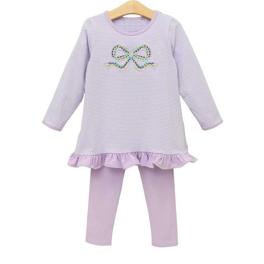 (Pre-order)GLP3267  Bow Purple Stripes Tunic Top Legging Pants Girls Mardi Gras Clothes Set