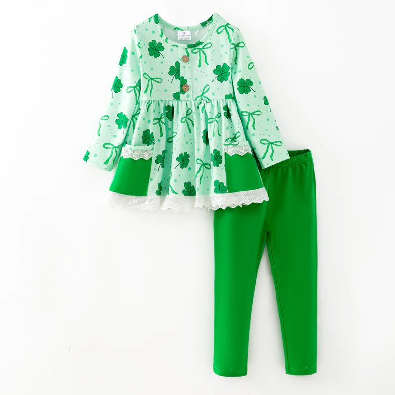 (Pre-order)GLP3268 Leaf Green Bows Tunic Top Legging Pants Girls St. Patrick's Day Clothes Set