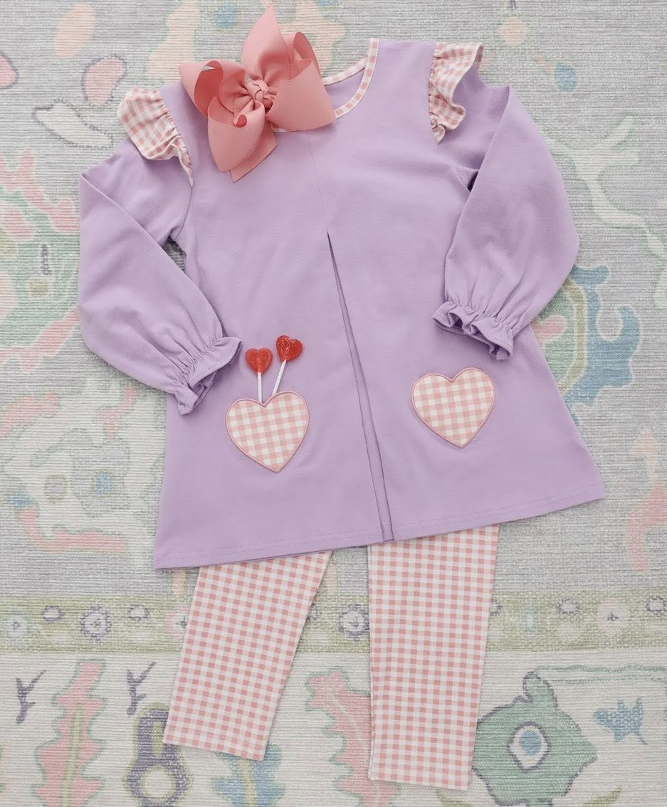 (Pre-order)GLP3269  Purple Hearts Tunic Top Plaid Pants Girls Valentine's Day Clothes Set