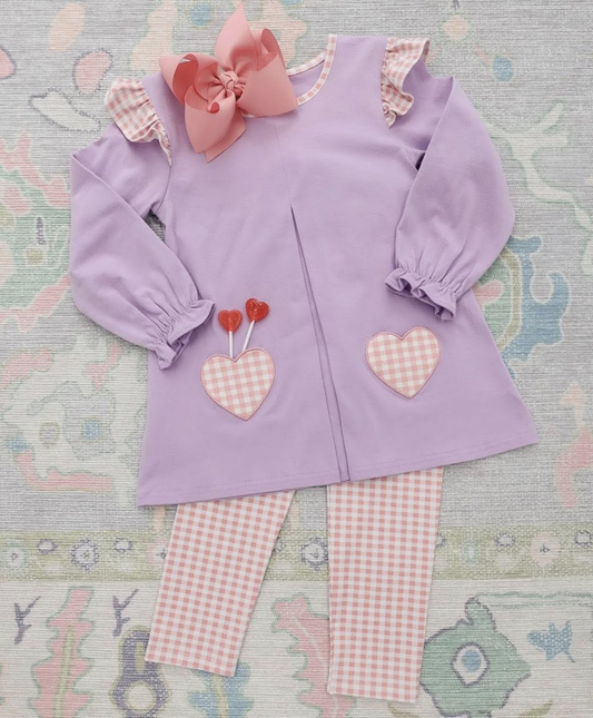 (Pre-order)GLP3269  Purple Hearts Tunic Top Plaid Pants Girls Valentine's Day Clothes Set