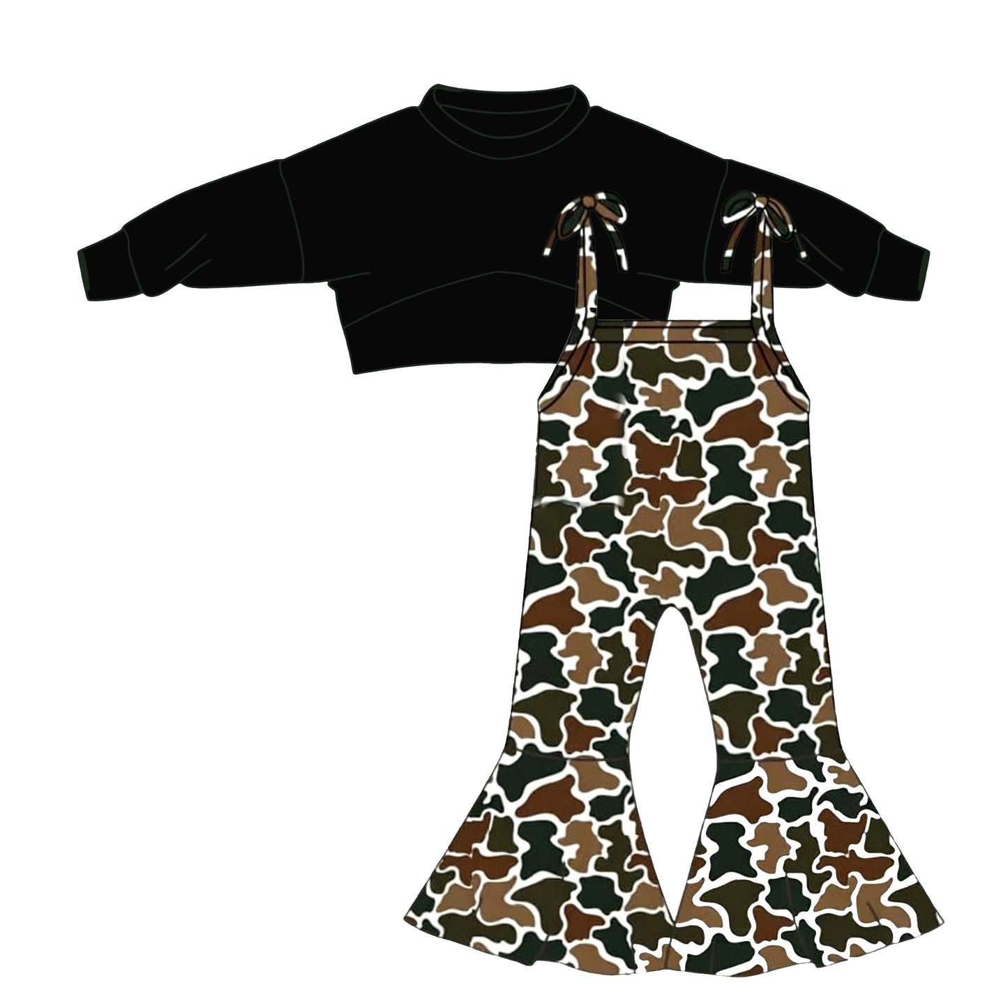 (Pre-order)GLP3272 Black Crop Top Camo Jumpsuits Girls Clothes Set