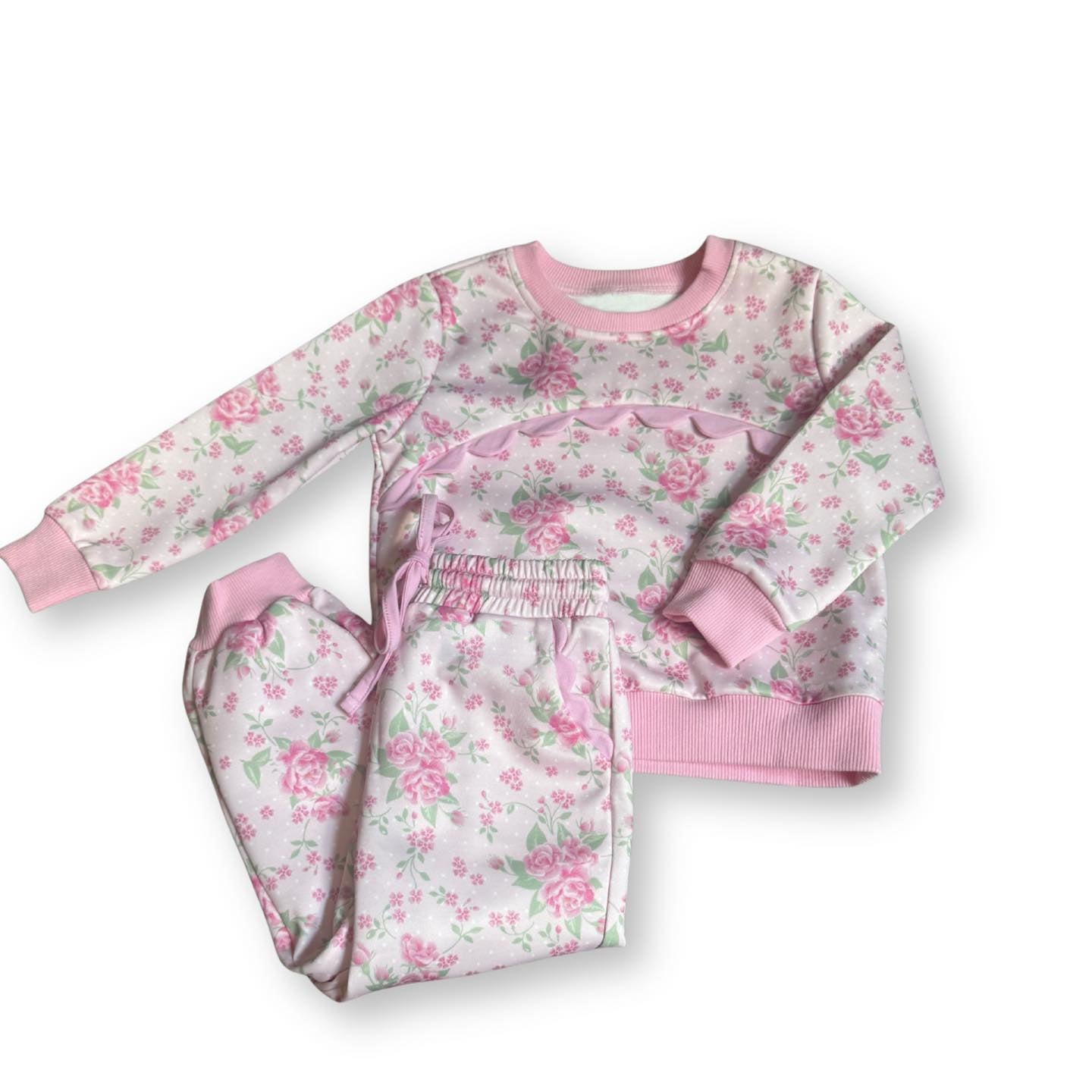 (Pre-order)GLP3276  Pink Flowers Print Girls Clothes Set