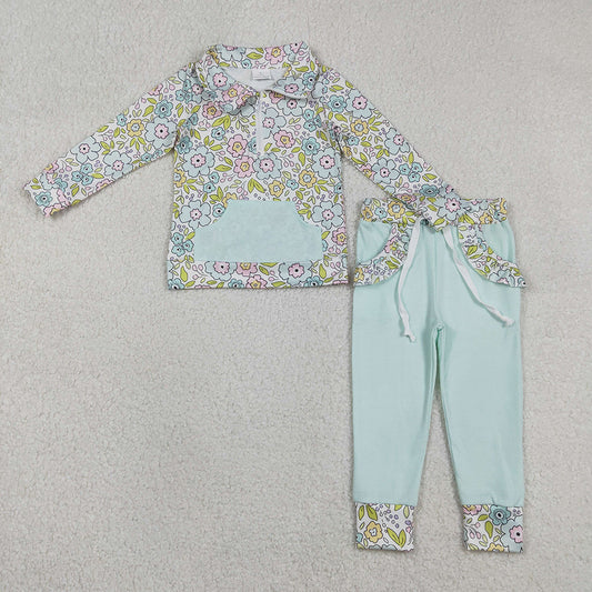 GLP3278 Flowers Pink Blue Zipper Top Pockets Pants Girls Clothes Set