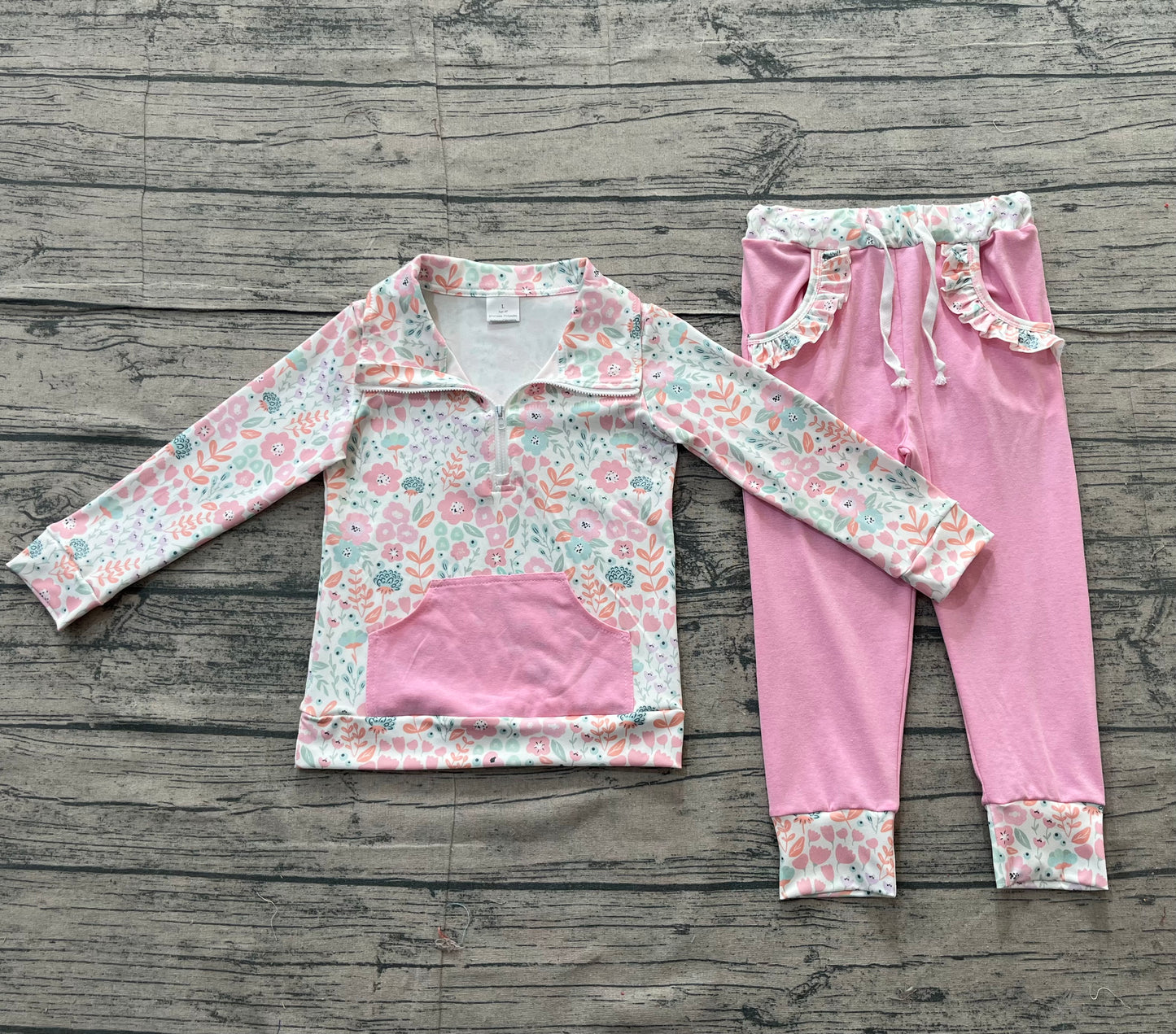 (Pre-order)GLP3279 Pink Flowers Zipper Top Pockets Pink Pants Girls Clothes Set