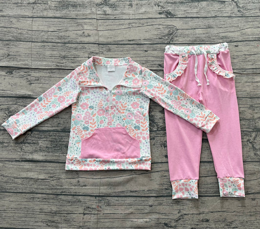 (Pre-order)GLP3279 Pink Flowers Zipper Top Pockets Pink Pants Girls Clothes Set