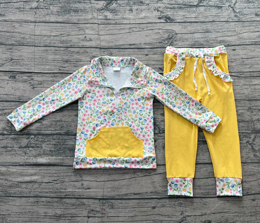 (Pre-order)GLP3280 Colorful Flowers Zipper Top Pockets Yellow Pants Girls Clothes Set