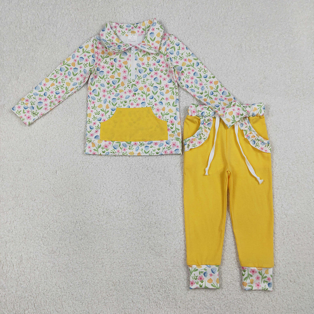 GLP3280 Colorful Flowers Zipper Top Pockets Yellow Pants Girls Spring Clothes Set