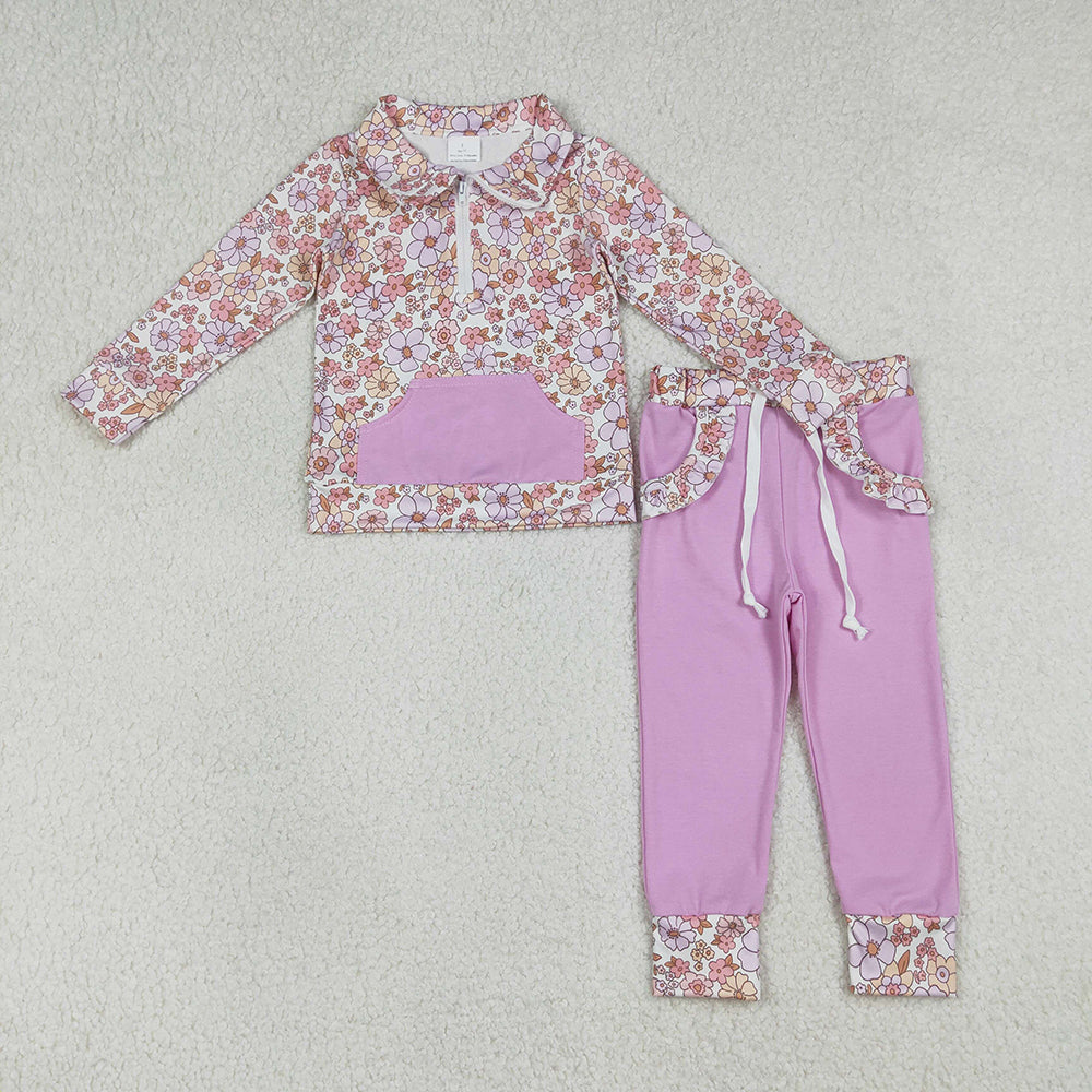 GLP3281  Lavender Pink Flowers Zipper Top Pockets Pink Pants Girls Clothes Set