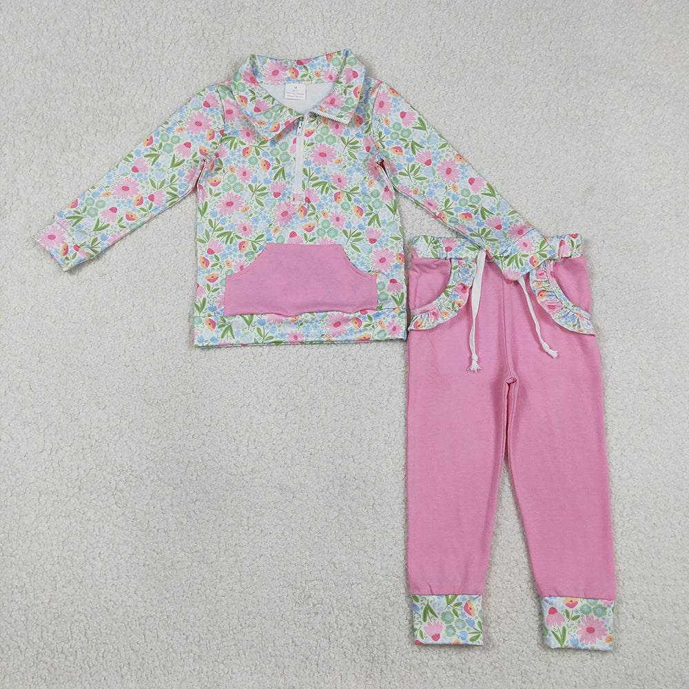 GLP3282  Green Flowers Zipper Top Pockets Pink Pants Girls Spring Clothes Set
