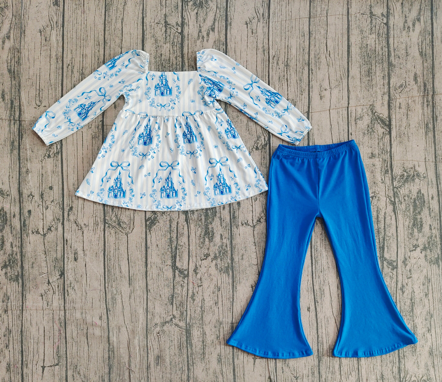 (Pre-order)GLP3283 Castle Bows Top Blue Bell Pants Girls Clothes Set