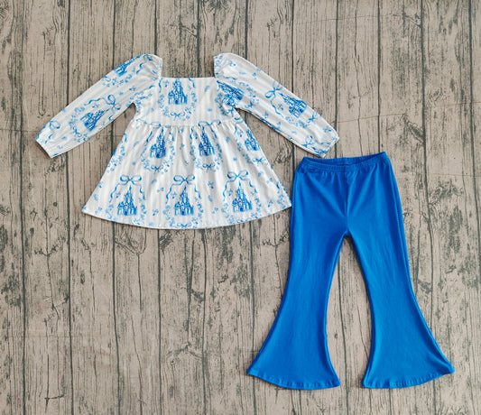 (Pre-order)GLP3283 Castle Bows Top Blue Bell Pants Girls Clothes Set