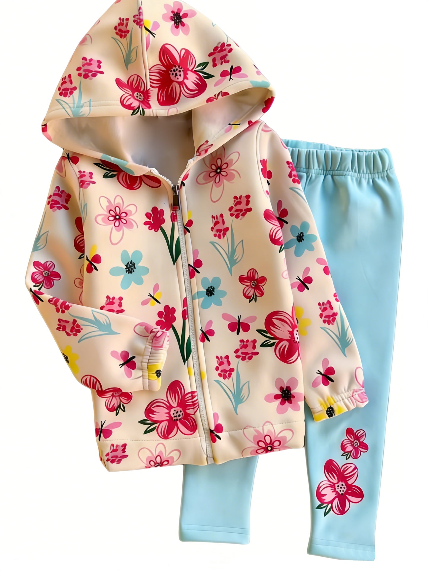 (Pre-order)GLP3284 Flowers Zipper Hoodie Top Blue Legging Pants Girls Clothes Set