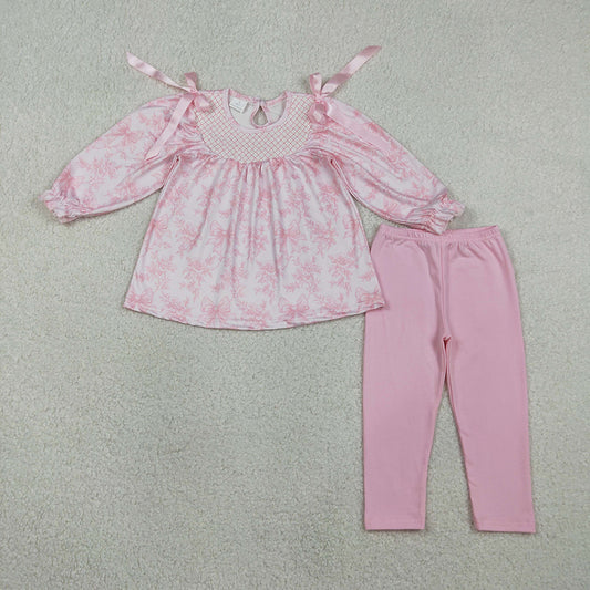 GLP3285 Embroidery Flowers Bows Tunic Top Pink Pants Girls Clothes Set