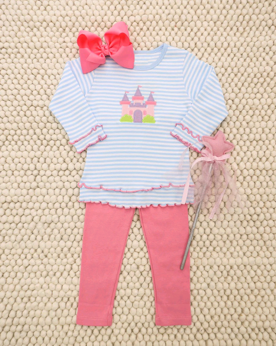 (Pre-order)GLP3286  Castle Stripes Tunic Top Pink Pants Girls Clothes Set