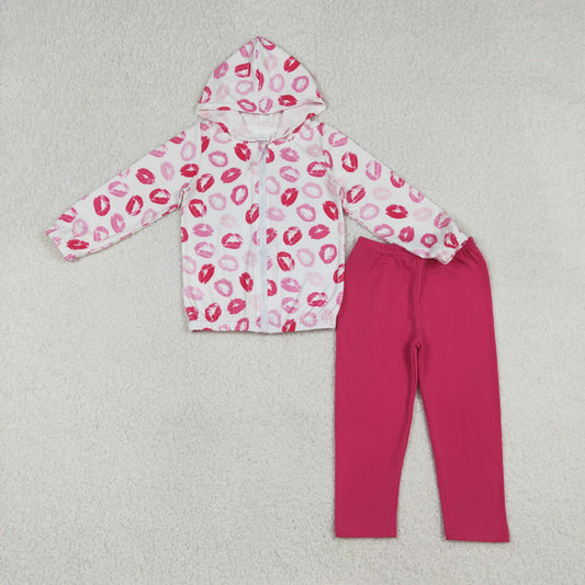 GLP3287 Pink Kiss Zipper Hoodie Top Legging Pants Girls Valentine's Day Clothes Set